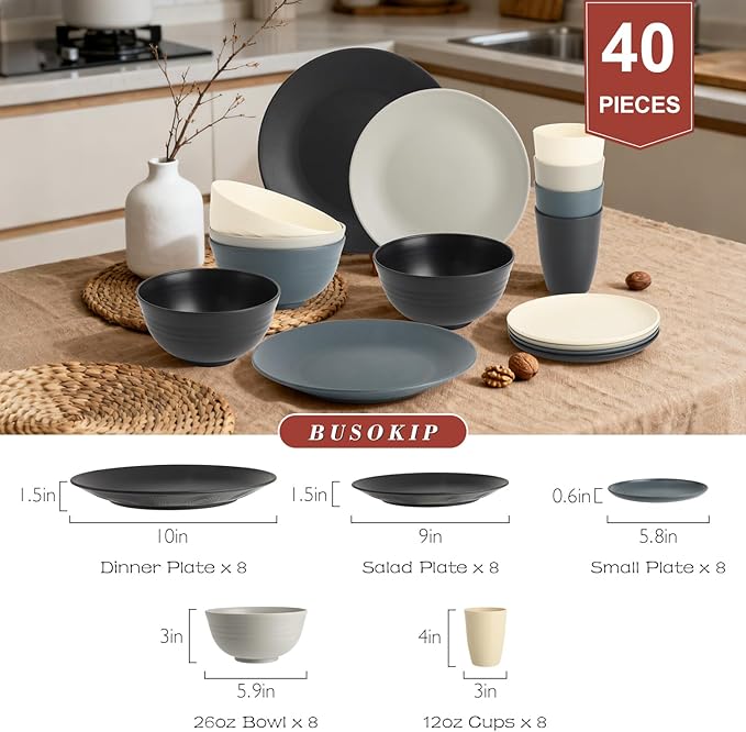 40 PCS Wheat Straw Dinnerware Set | Unbreakable Dishes Set for 8 - Alternative to Plastic Plates and Bowls Sets, Cereal Bowl, Water Cups, Dishwasher & Microwave Safe Bowls for Kitchen - Dark