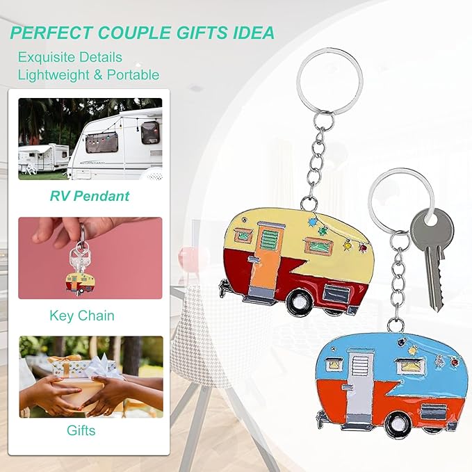 2 Pack Camper Keychain Set Happy RV Camper Keyring Couples Camping Accessories for Men Women Travel Trailers