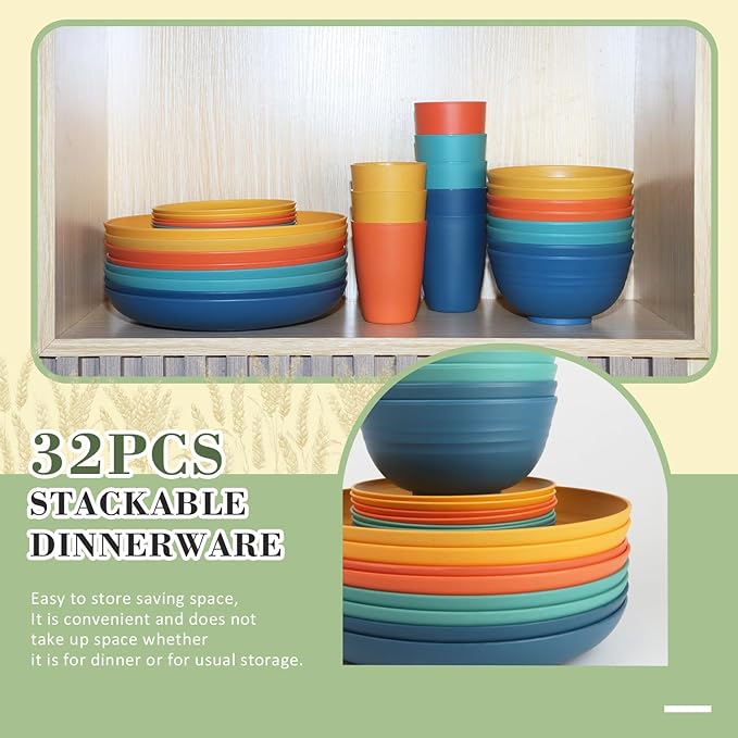 Wrova Wheat Straw Dinnerware Set of 32, Unbreakable Dinner Plates and Bowls Dishes Sets Service for 8,Dishwasher Safe Dinnerware Sets for Kitchen and Camping.Vibrant Series