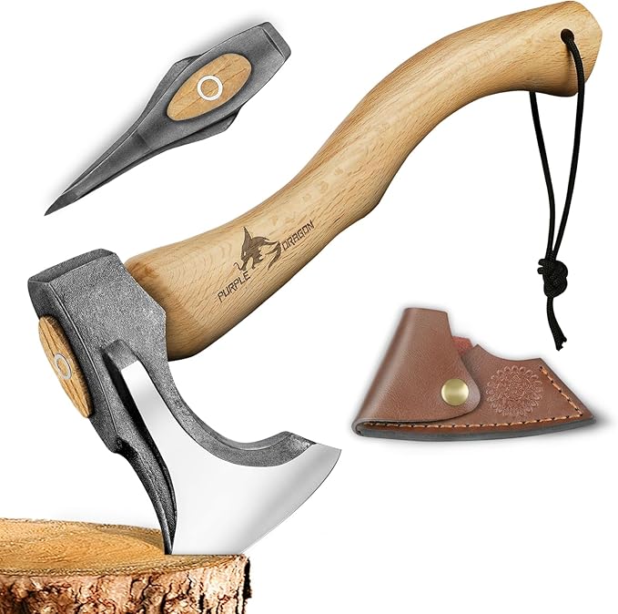 Purple Dragon Camping Hatchet 14.7 Inch Hand Forged Splitting Axe - Outdoor Wood Splitting Chopping & Carving Tool with Leather Sheath Bushcraft Survival Wooden for Men and Women