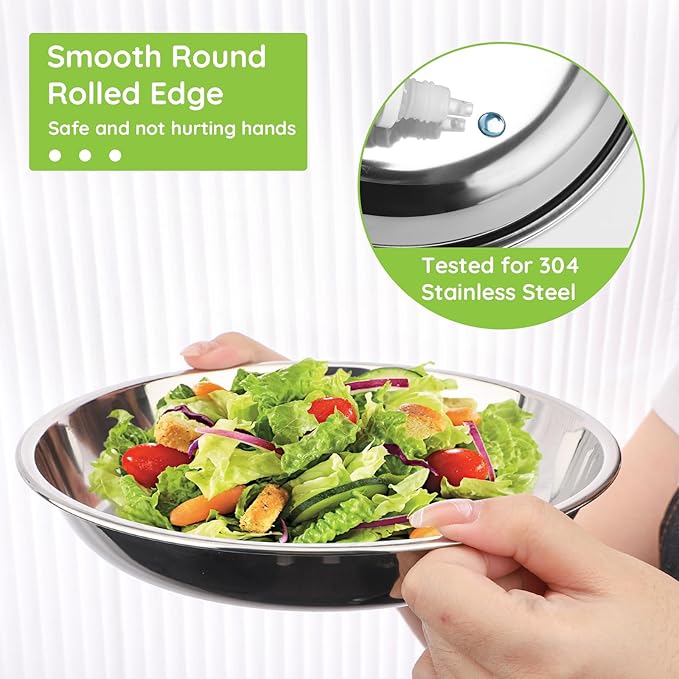 4 Patterned Deep Stainless Steel Plates, 7.8 inch 304(18/8) Metal Camping Plate, Reusable Food Serving Snack Eating Dishes Round Shatterproof Silver BBQ Dinner Dinnerware Oven Dishwasher Safe