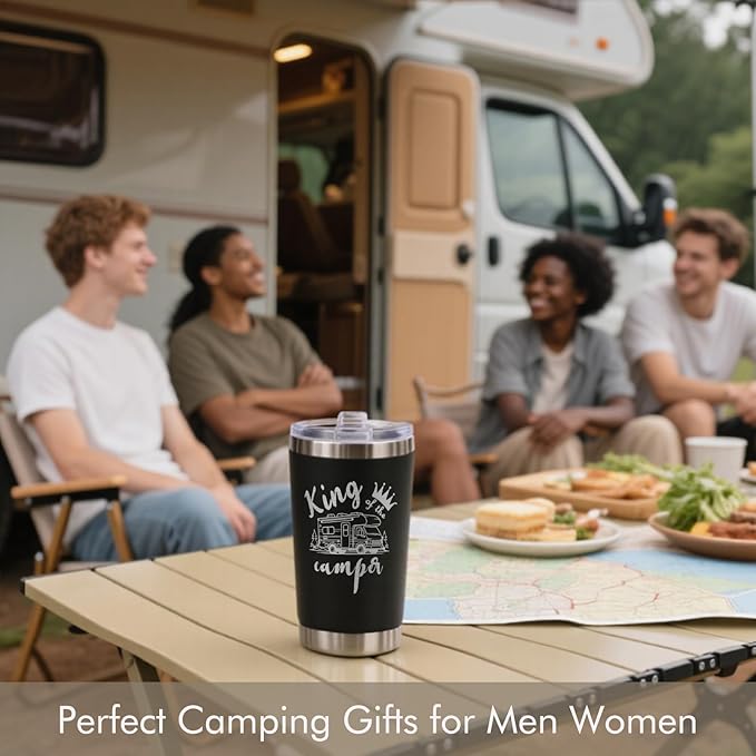 King of the Camper Tumbler, Perfect Camping Gifts for Men Dad Brother Husband Grandpa Outdoor Adventures Lovers, Christmas, Birthday Gifts for Campers, 20 oz Camping Tumbler with Lid Straws