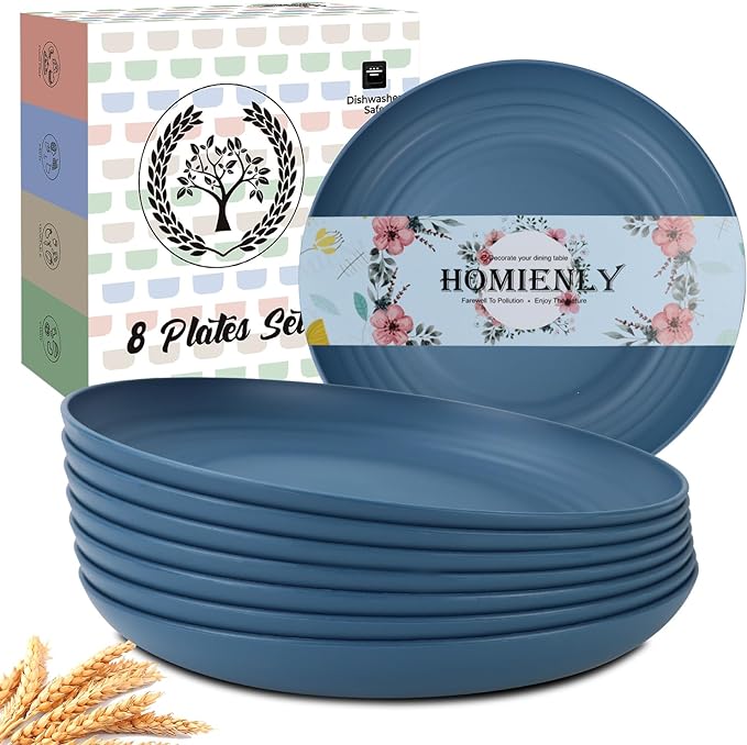 Homienly Deep Dinner Plates Set of 8-9 inch Alternative for Plastic Plates Microwave and Dishwasher Safe Wheat Straw Plates for Kitchen Unbreakable Plate Set (Blue)