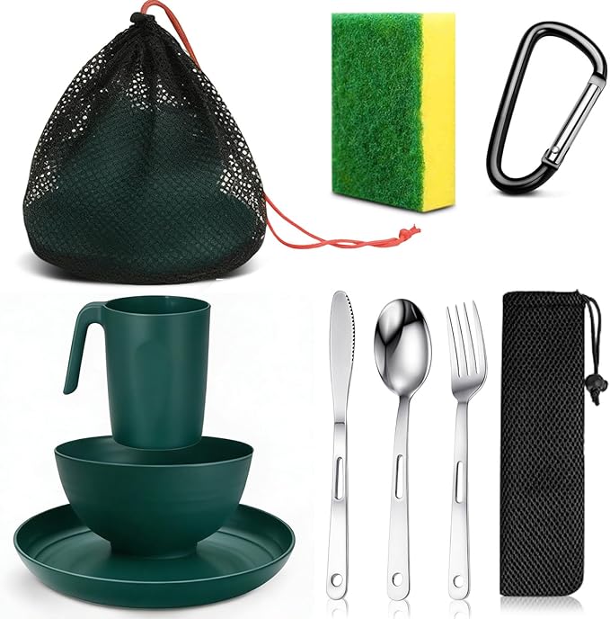 Scout Camping Mess Kit for Person Boy Scout Dishes Set Girl Scout Mess Kit with Mesh Bag Reusable Light Weight Eating Utensils Plastic Camping Cutlery Set for Travel Camp