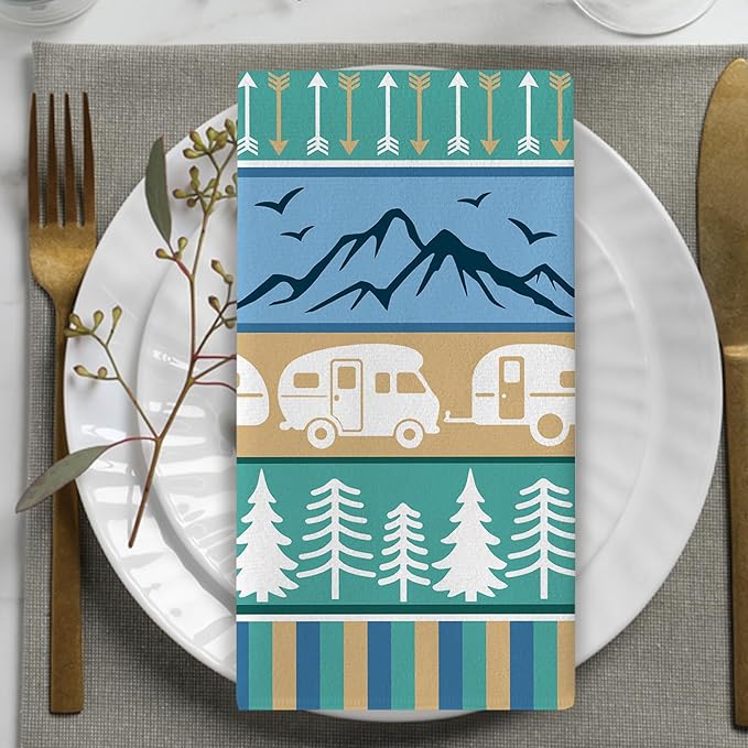 Happy Camper Kitchen Dish Towels Set of 2, Camping RV Adventure Travel Mountain Tree Drying Hand Towel Baking Cooking Cloth, Campsite Buffalo Plaid Bathroom Home Decoration 18'' x 26''