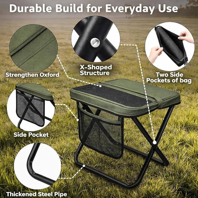 Foldable Stool with Carrying Bag,Compact Folding Chair with Shoulder Strap, Lightweight Outdoor Seat for Fishing, Camping, Hiking, Garden, Beach, Sports Games, Festivals (Green)