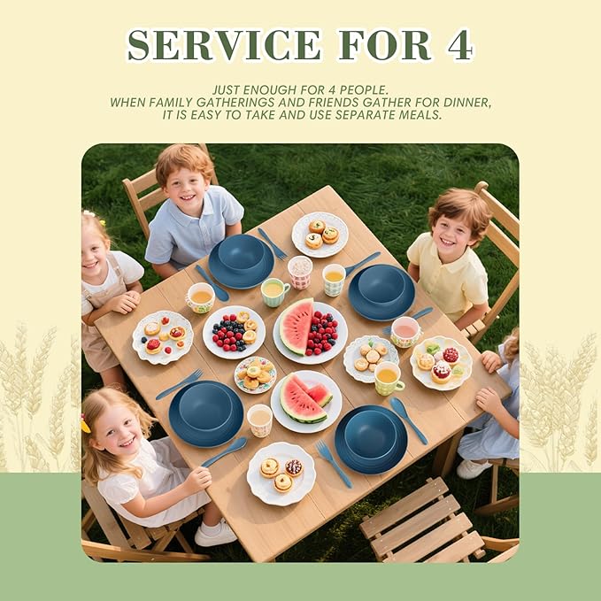 Wrova Wheat Straw Dinnerware Sets of 20,Dishwasher Safe Kitchen Plates and Bowls Sets,Camping Dishes Sets Contains Dinner Plates,Cereal Bowls,Drinking Cups and Flatware.(Blue)