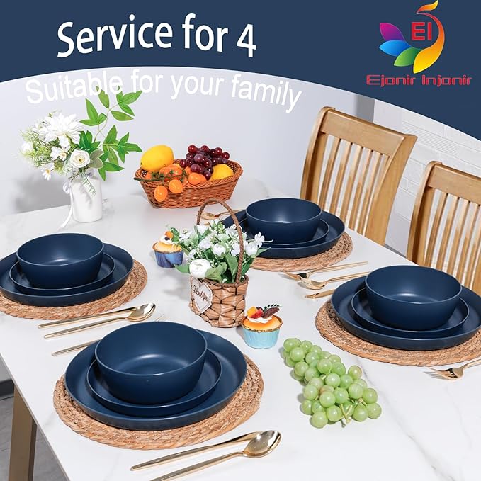 EI 12pcs Dark Blue Wheat Straw Dinnerware Set,Wheat Straw Plates,Plastic Plates Reusable,Plate and Bowls Sets,Unbreakable Plastic Plate for Dinner, Camping,Picnic