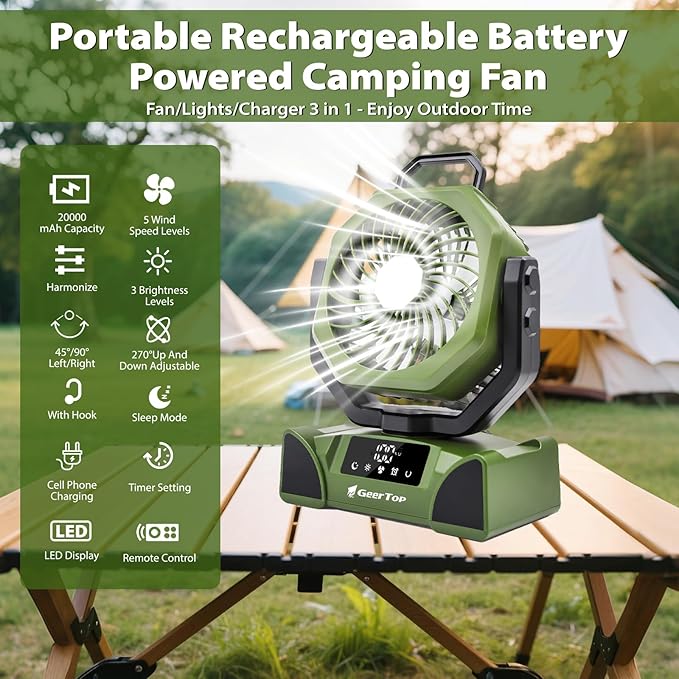 GEERTOP 20000mAh Portable Camping Fan Rechargeable, Battery Operated Tent Fans with LED Lantern for Outdoor Backpacking Travel