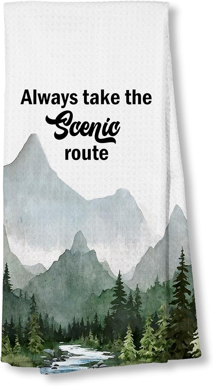 Camping Forest Scenic Mountain Nature Kitchen Towels 16x24,Camper Lover Gifts,Always Take The Scenic Route Forest Green Camping Rv Hand Towels for Bathroom Kitchen