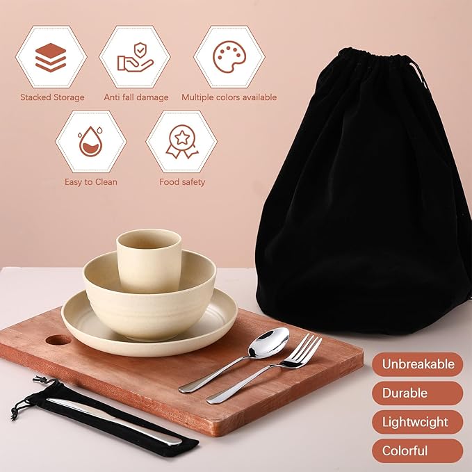 Teenyyou 4 Sets Camping Mess Kits for 4 Person Camping Silverware Set Include Cup, Bowl, Plate, Knife, Spoon, Fork Cutlery Set Unbreakable Wheat Straw Dinnerware Utensils for Travel