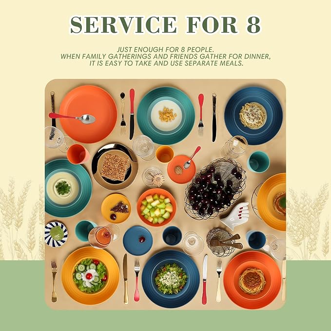 Wrova Wheat Straw Dinnerware Set of 32, Unbreakable Dinner Plates and Bowls Dishes Sets Service for 8,Dishwasher Safe Dinnerware Sets for Kitchen and Camping.Vibrant Series