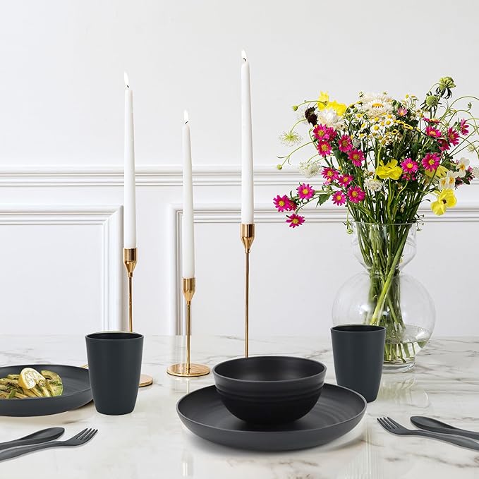 PYRMONT Wheat Straw Dishes Set for 4 Microwave Safe Plates and Bowls Sets 20-Piece Unbreakable Plastic Dinnerware Sets Alternative Dishwasher Plastic Plates for Kitchen,Outdoors-Dark Grey