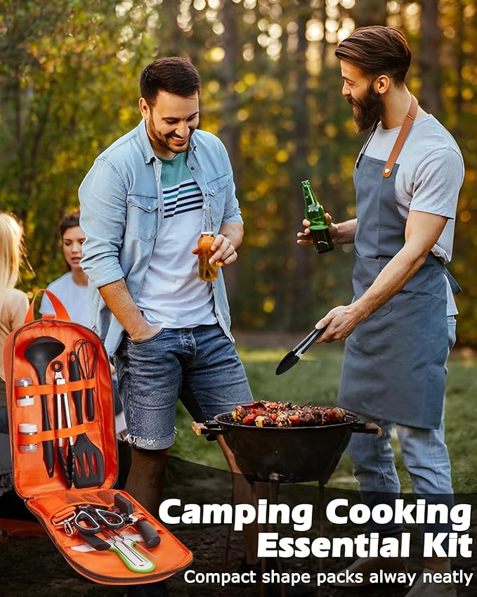 Hozzen Camping Cooking Set - Camping Utensil Set Car Camping Cooking Essentials Gear for Camp Kitchen Cooking and Grilling, Stainless Steel & Silicone Ideal Gift for RV Tent Camper, Picnics, BBQs
