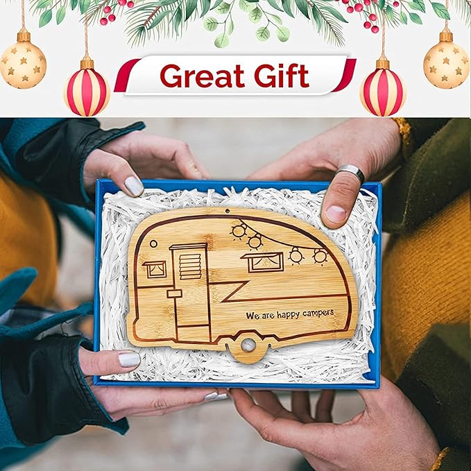 RV Cutting Board Campsite Retro Happy Camper Bamboo Wood Camper Chopping Board Perfect Funny Serving Tray for Vegetables Fruit Cheese, RV Camper gifts,Home Deco