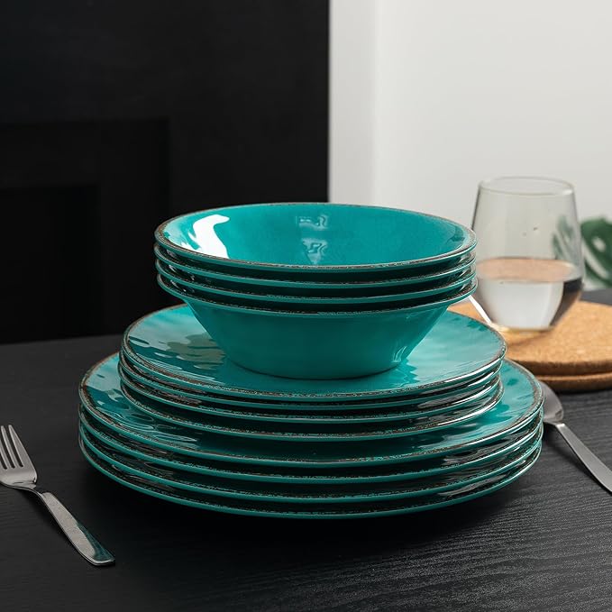 LEHAHA Rustic Melamine Dinnerware Sets, 12-piece Dishes Plastic Dinnerware Set for 4, Break-resistant Plates and Bowls Set, Outdoor Casual & Party Use Kitchen Dishes Set, Teal…
