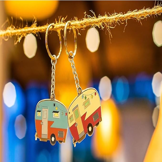 2 Pack Camper Keychain Set Happy RV Camper Keyring Couples Camping Accessories for Men Women Travel Trailers