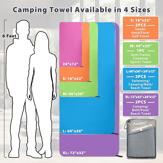 SYOURSELF 2 Pack Microfiber Camping Towel, Quick Dry Towel, Soft Absorbent Compact Travel Gym Workout Sweat Towel for Beach Yoga Swim Travel Camping Hiking Backpack Essentials (L:60"x30"+12"x24")