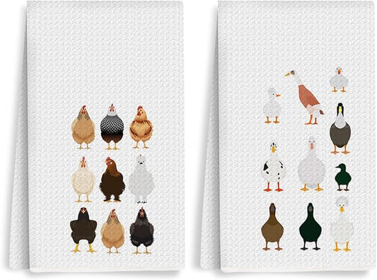 2Pcs Funny Kitchen Towels 24x14 Inch, Rooster Chicken Kitchen Decor Waffle Weave Hand Towels for Farmhouse, White Absorbent Microfiber Dish Cloth Tea Towel Chicken Gifts for Women Mom 2