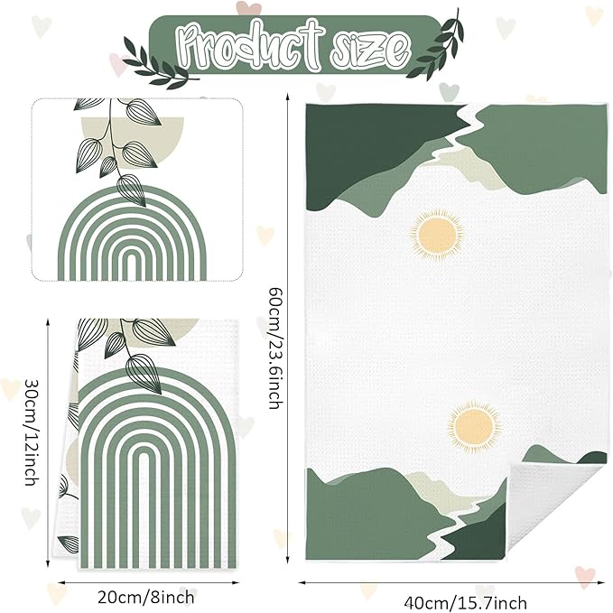 Boho Kitchen Towels Set of 4, Boho Bohemian Sun Moon Kitchen Towels Decorative Set, Bohemian Green Hand Tea Towels for Bathroom Decor, 16x24inch