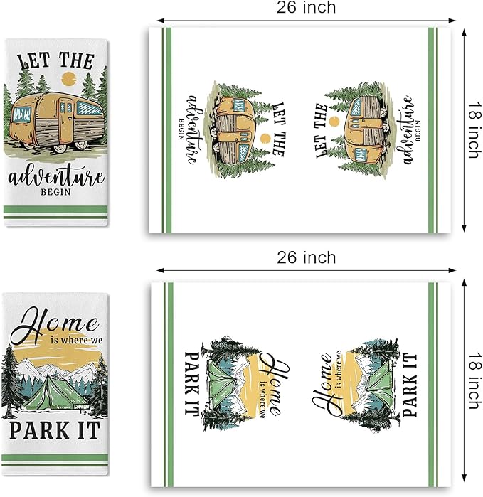 Camping RV Kitchen Dish Towels Set of 2, Let The Adventure Begin Camper Tent Drying Hand Towel Baking Cooking Cloth, Farmhouse Forest Mountain Sun Campsite Home Decoration 18 x 26 Inches