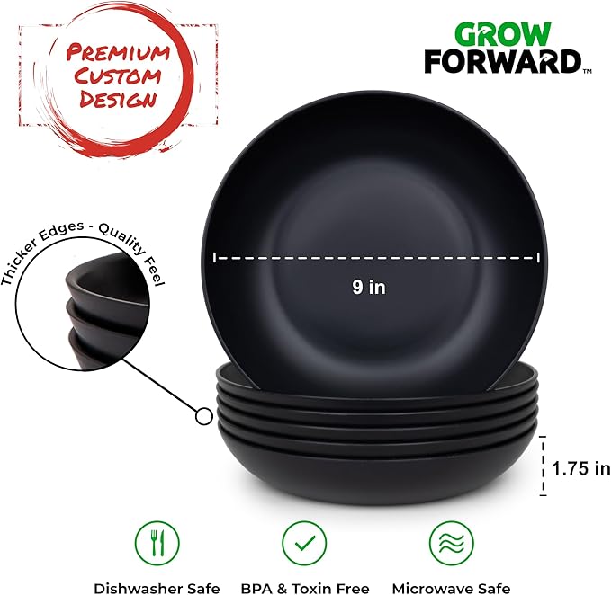 Grow Forward Premium Wheat Straw Pasta Bowls - 42oz Unbreakable Wide & Shallow Dinner Plate Bowls Set of 6 - Microwave Safe Reusable Plastic Pasta Bowls for Kids, Adults, Salad, Camping, RV - Midnight