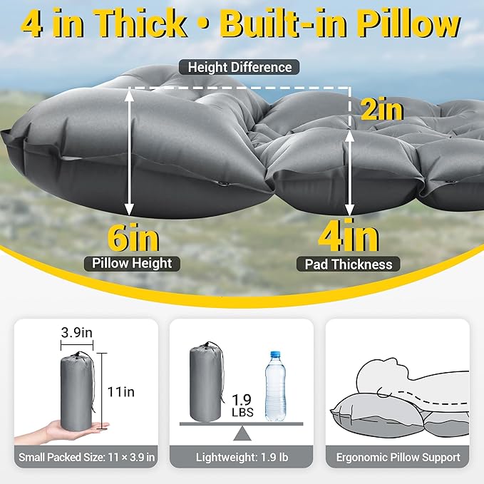 Sleeping Pad for Camping, Backpacking Sleeping Mat with Built-in Pillow and Foot Pump, 4in Thick Compact Camping Air Mattress for Hiking Tent Road Trip Car Camp Travel Gear