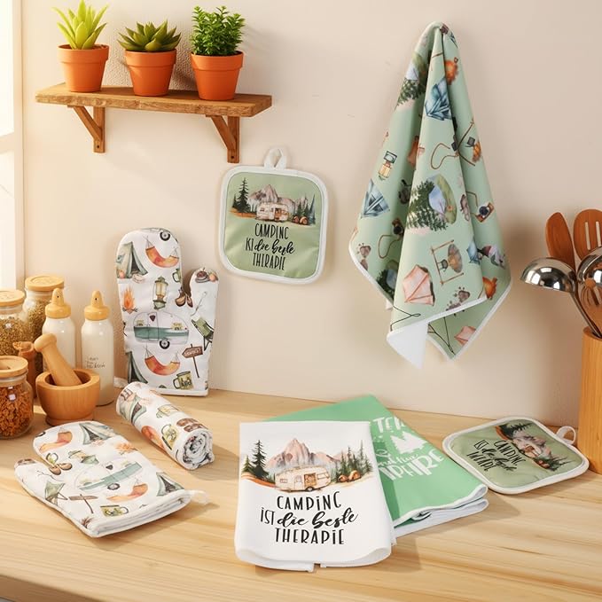 Hahafelt 8 Pcs Camping Kitchen Gift Dish Towel Pot Holder Oven Mitt Set 4 Bonfire Tent Car Tea Towels with Funny Sayings Novelty 2 Oven Mitts 2 Pot Holders Camping Accessories Decor for Rv Campers