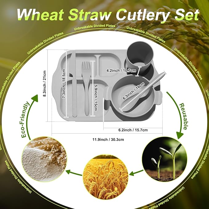 24 Pcs Wheat Straw Dinnerware Cutlery Set for Adult Including Divided Plates Microwave Dishwasher Safe Bowl Unbreakable Tableware Straw Cutlery Spoon Knife Fork(Dark Color)