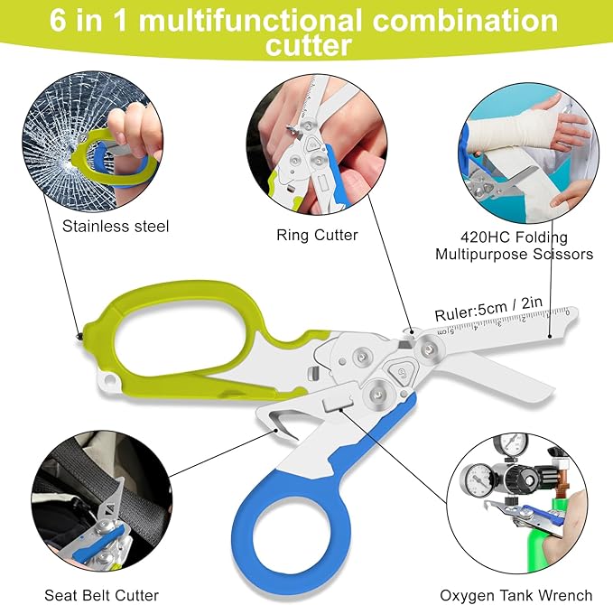 Lemasa6 in 1 Multifunctional Combination Tool, Folding Retractable Emergency Shears, Outdoor Camping Tools, Seat Belt Cutter, Oxygen Cylinder Wrench, Complimentary Adjustable Wrench (blue-green)