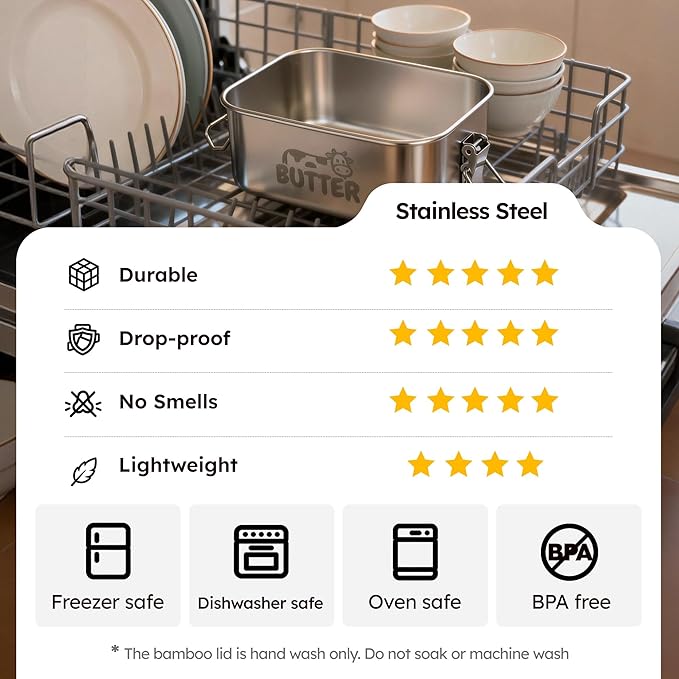 Stainless Steel Butter Dish with Lid, Airtight Cow Butter Keeper for Refrigerator & Countertop, Kitchen, Camping & Travel,Fits East Coast Butter (Small)