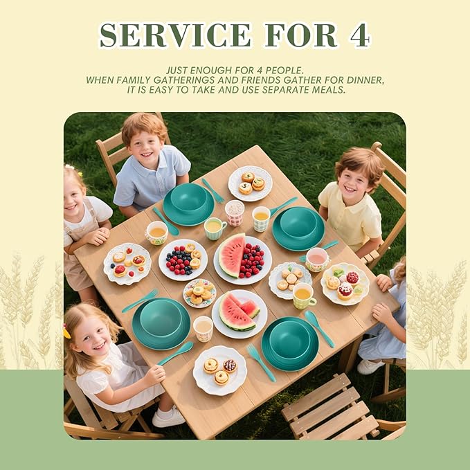 Wrova Wheat Straw Dinnerware Sets of 20,Dishwasher Safe Kitchen Plates and Bowls Sets,Camping Dishes Sets Contains Dinner Plates,Cereal Bowls,Drinking Cups and Flatware.(Green)