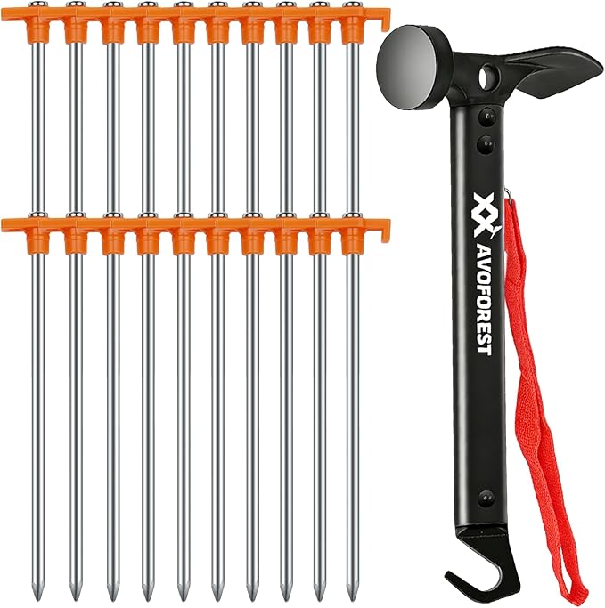 20 Pcs Tent Stakes with Camping Hammers,Avoforest 7.1 Inch Non-Rust Metal Tent Pegs + Portable Tent Stakes Hammers Ground Stakes and Tent Accessories Camping with Storage Bag,Garden,Hiking