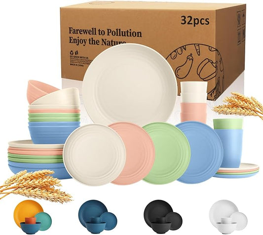 Wrova Wheat Straw Dinnerware Set of 32, Unbreakable Dinner Plates and Bowls Sets Service for 8, Microwave & Dishwasher Safe Dishes Set for Kitchen and Dining.Nordic Series