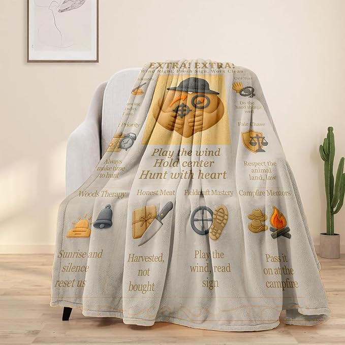 Hunting Quote Gifts Throw Blanket 60x50, Soft Flannel Fleece, Vintage Fieldcraft Bulletin Design, Rustic Lodge & Man Cave Decor, Outdoorsman Gift for Men and Dad