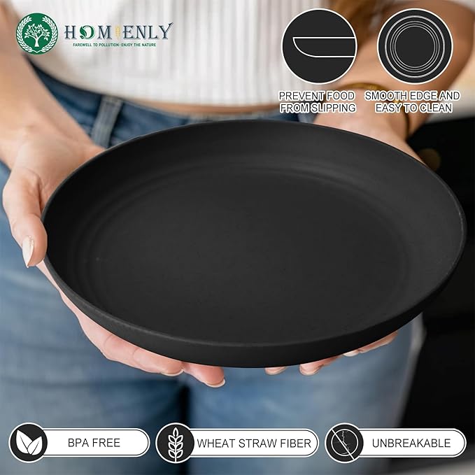 Homienly Wheat Straw Plates Set of 8, Reusable Lightweight and Unbreakable 9 inch Plates, Premium Microwave and Dishwasher Safe Plates for Kitchen, Camping, Picnic, Party - GreyStone