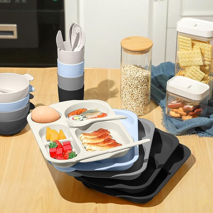 24 Pcs Wheat Straw Dinnerware Cutlery Set for Aldult Including Divided Plates Microwave Dishwasher Safe Bowl Unbreakable Tableware Straw Cutlery Spoon Knife Fork(Vivid Color)