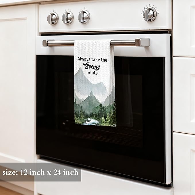 Camping Forest Scenic Mountain Nature Kitchen Towels 16x24,Camper Lover Gifts,Always Take The Scenic Route Forest Green Camping Rv Hand Towels for Bathroom Kitchen
