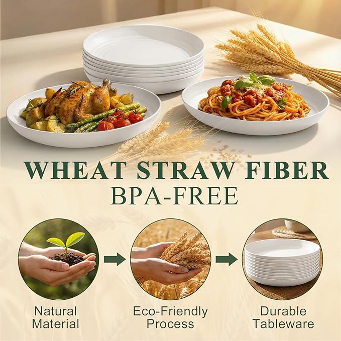 Wheat Straw Plates 10 Inch, Reusable Plastic Plates Set for 8, Unbreakable Dinner Plates for Salad, Noodle, Microwavable Plates for Kitchen, Outdoor, Camping, RV - White