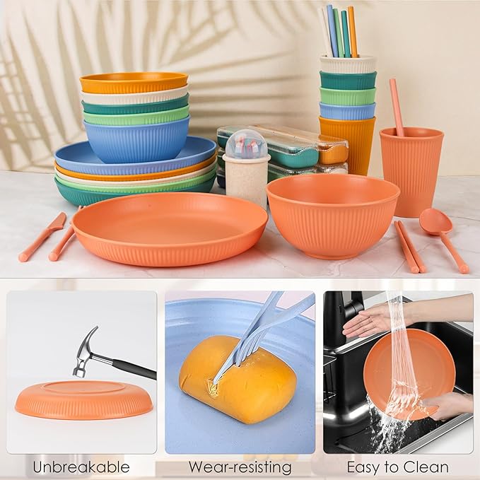 66pcs Unbreakable Tableware Sets for 6 People, Plastic Plates and Bowls Set,Lightweight Plastic Reusable Plates, Bowls, Cups,Cutlery Set, Straw, Forks,Children Dinnerware Set