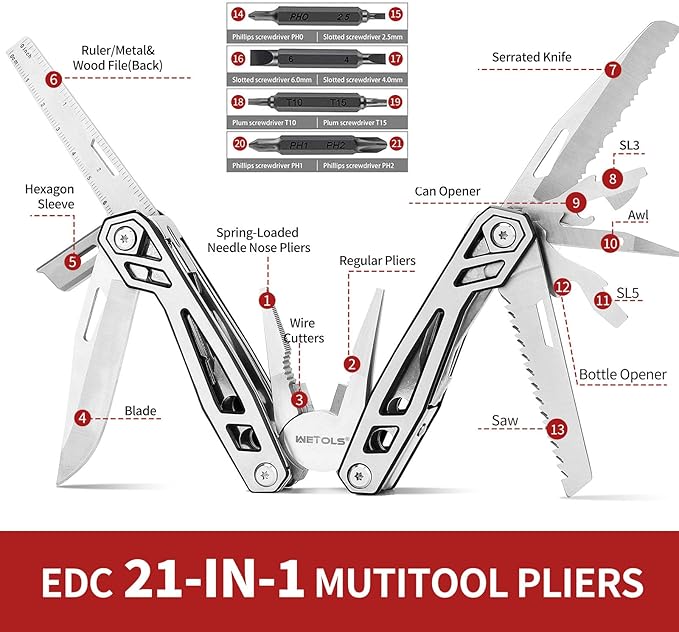 Multitool with Pocket Knife, Birthday Gifts for Men Women Mom Dad, WETOLS 21-in-1 Stainless Steel Pliers with Screwdrivers, Self-locking Multi tools with EDC Sheath, Ideal for Home, Camping, Survival