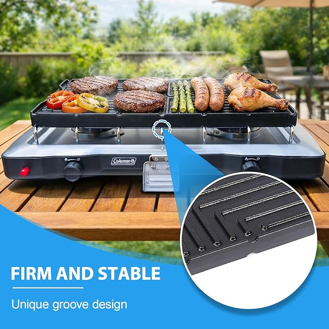 Ceramic Nonstick Reversible Griddle for Coleman Cascade & Triton, 17.4" x 8.5" Flat & Ribbed Camping Griddle | Built-In Storage Fit, No-Wobble Stable Design, Compatible with 2-Burner Camp Stoves