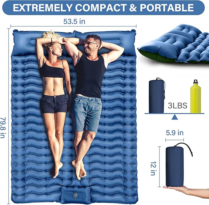 Yuzonc Double Camping Sleeping Pad with Built-in Foot Pump and Pillows – Ultralight Inflatable Sleeping Mat for 2 Person, Compact Air Mattress for Backpacking Hiking Tent Camping, Portable Outdoor