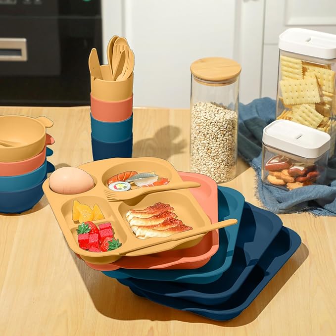 24 Pcs Wheat Straw Dinnerware Cutlery Set for Aldult Including Divided Plates Microwave Dishwasher Safe Bowl Unbreakable Tableware Straw Cutlery Spoon Knife Fork(Bright Color)