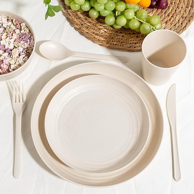 LIYH 28 Pcs Beige Wheat Straw Dinnerware Plates and Bowls Sets, Plastic Plates Reusable, Dinnerware Set for 4, Dish Set for Kitchen & Camping