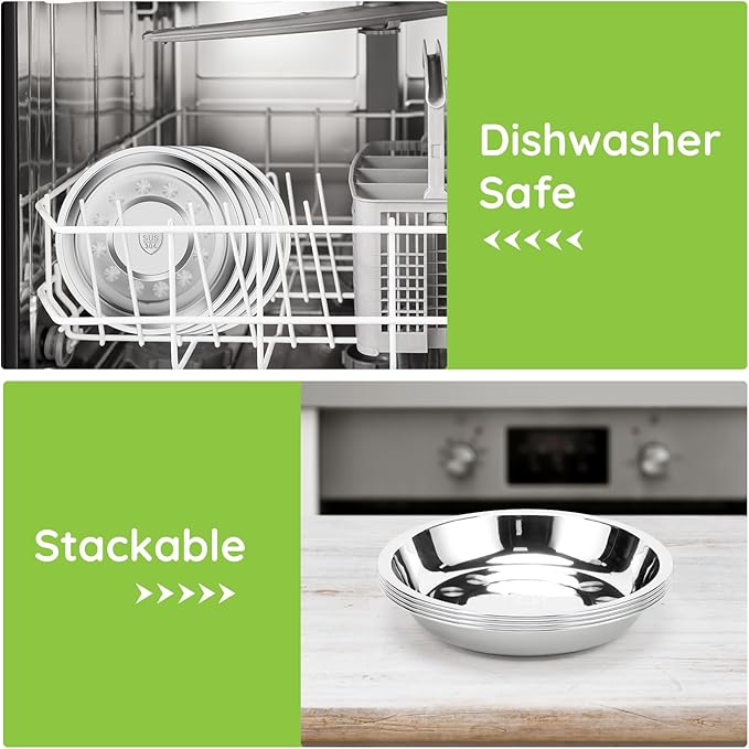 Patterned Deep Stainless Steel Plates, 8 Set 7 inch 304(18/8) Metal Food Serving Plate, Reusable Snack Eating Dishes Round Shatterproof Silver Dinnerware for BBQ Dinner Oven Dishwasher Safe