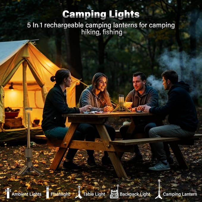 Telescopic Portable Camping Light with Stand - 10500mAh Rechargeable Camping Light with Storage Bag, Dimmable Magnetic Tent Lamp,Waterproof Tripod Pole Work Lights for Outdoor Emergency, Hiking, Gray
