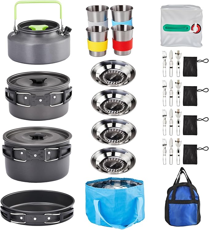 ROVSUN 34/10/6 pcs Camping Cookware Mess Kit, Lightweight Non-Stick Camping Cooking Pot and Pan Set with Stainless Steel Camping Gear Kettle Cup for Open Fire, Backpacking, Outdoor Cooking
