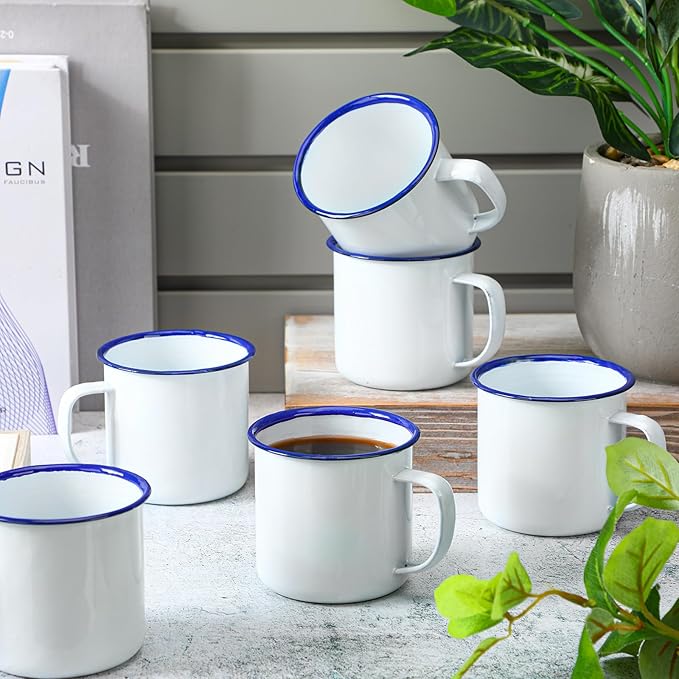 Yinder Mini Enamel Camping Coffee Mugs Metal Small Classic Portable White Campfire Mugs Bulk Vintage Cups with Handle for Coffee Tea Picnic Travel Indoor Outdoor Activities(12 oz, 12 Pcs)