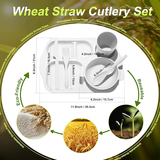 24 Pcs Wheat Straw Dinnerware Cutlery Set for Aldult Including Divided Plates Microwave Dishwasher Safe Bowl Unbreakable Tableware Straw Cutlery Spoon Knife Fork(White)